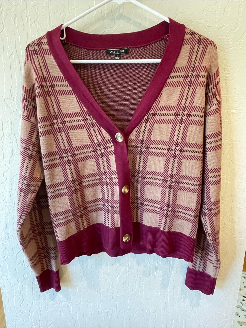 Letty Me Pink & Burgundy Plaid V-Neck Cardigan